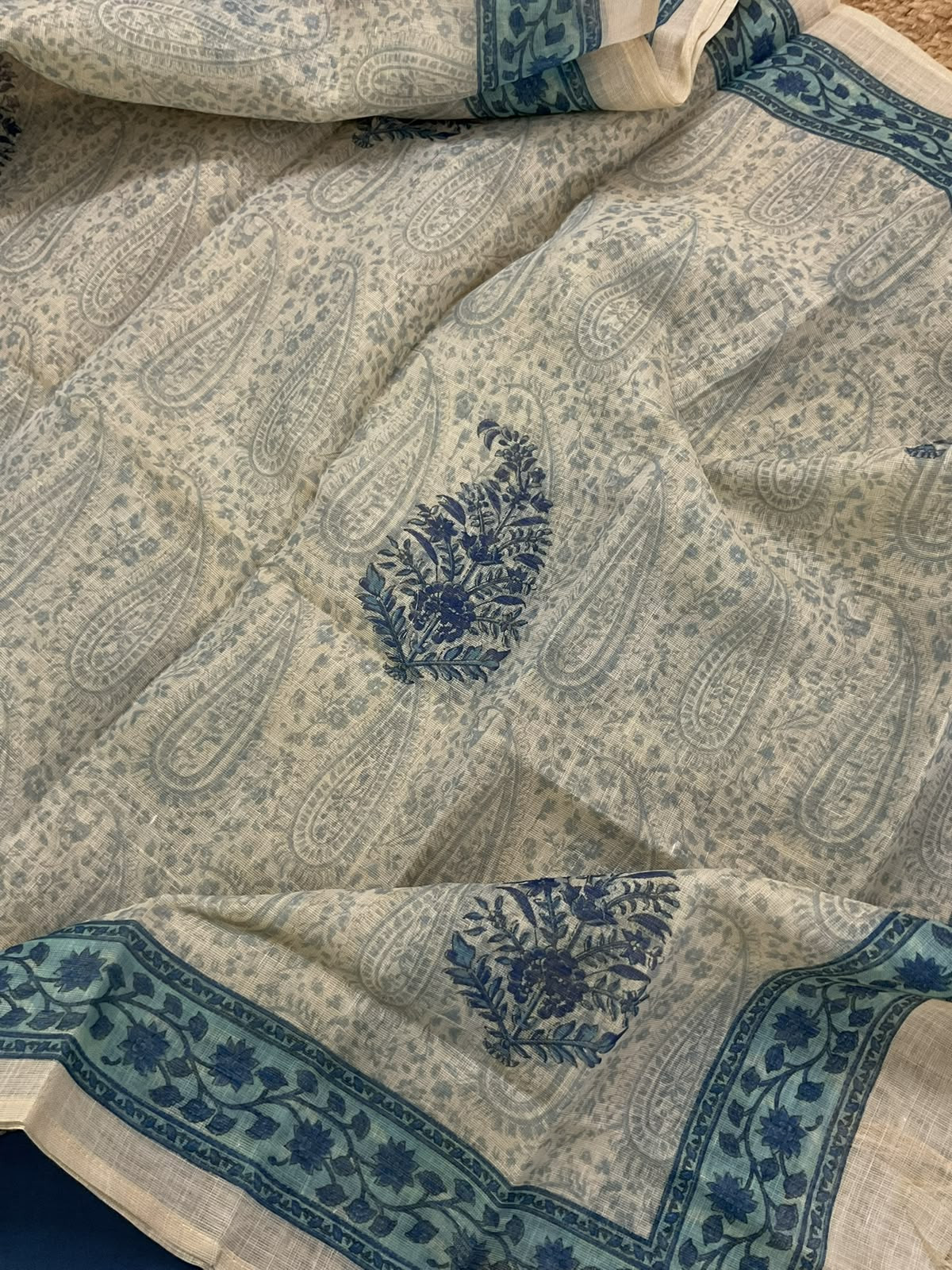 Soft Tissue Slub Cotton Printed Embroidered Suit - Beige