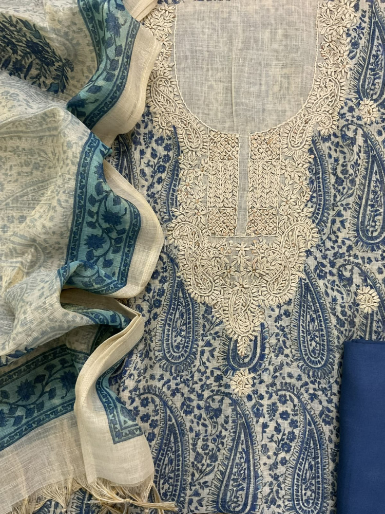Image of Soft Tissue Slub Cotton Printed Embroidered Suit - Beige