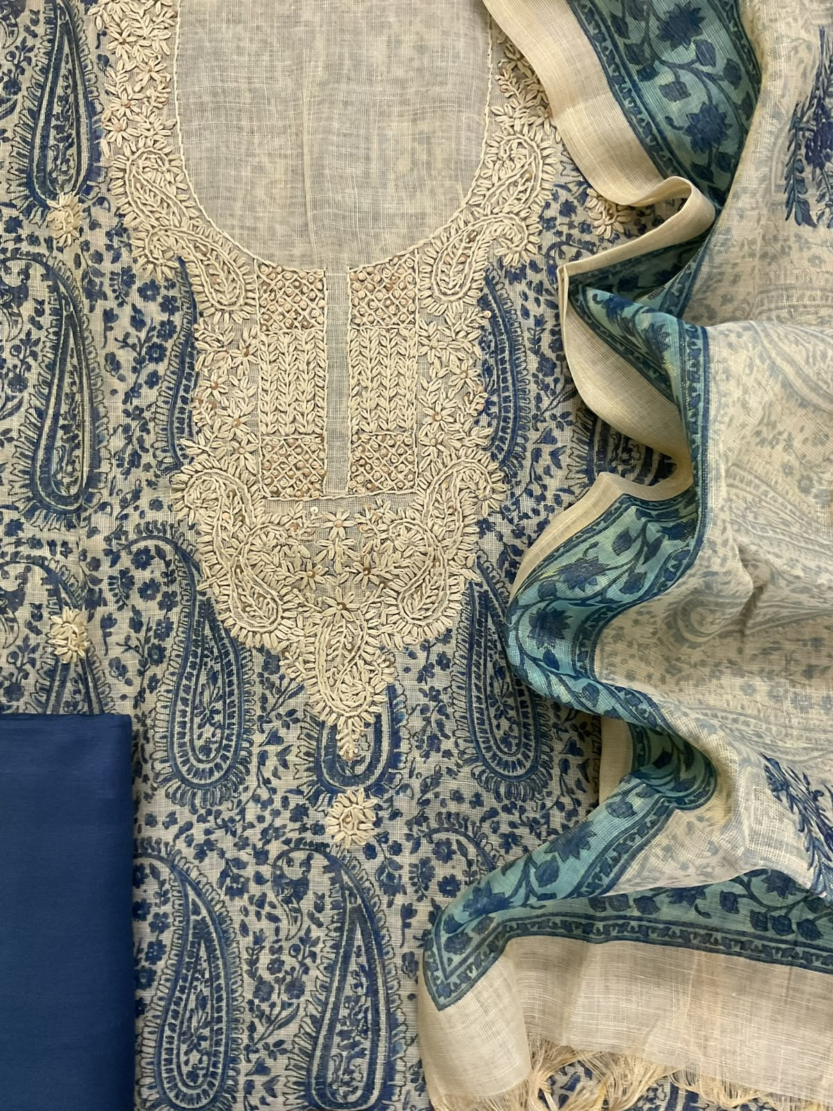 Soft Tissue Slub Cotton Printed Embroidered Suit - Beige