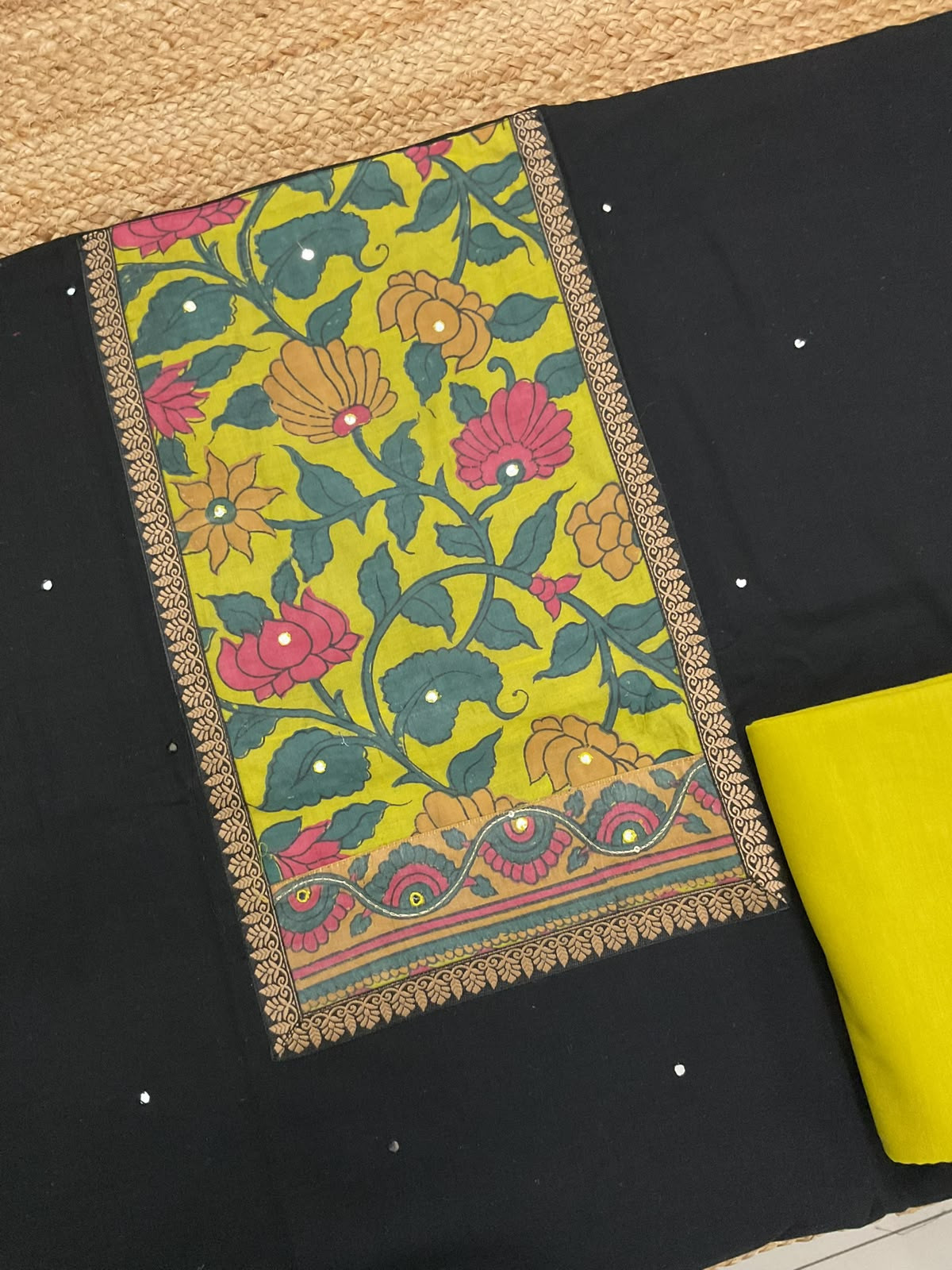 Pure Cotton Printed Embroidered Suit - Black