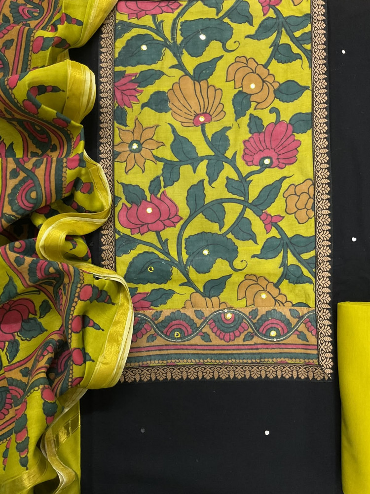 Image of Pure Cotton Printed Embroidered Suit - Black