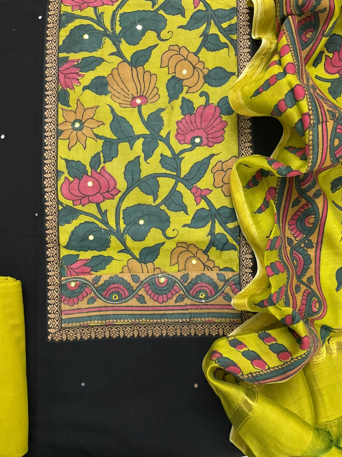 Pure Cotton Printed Embroidered Suit - Black