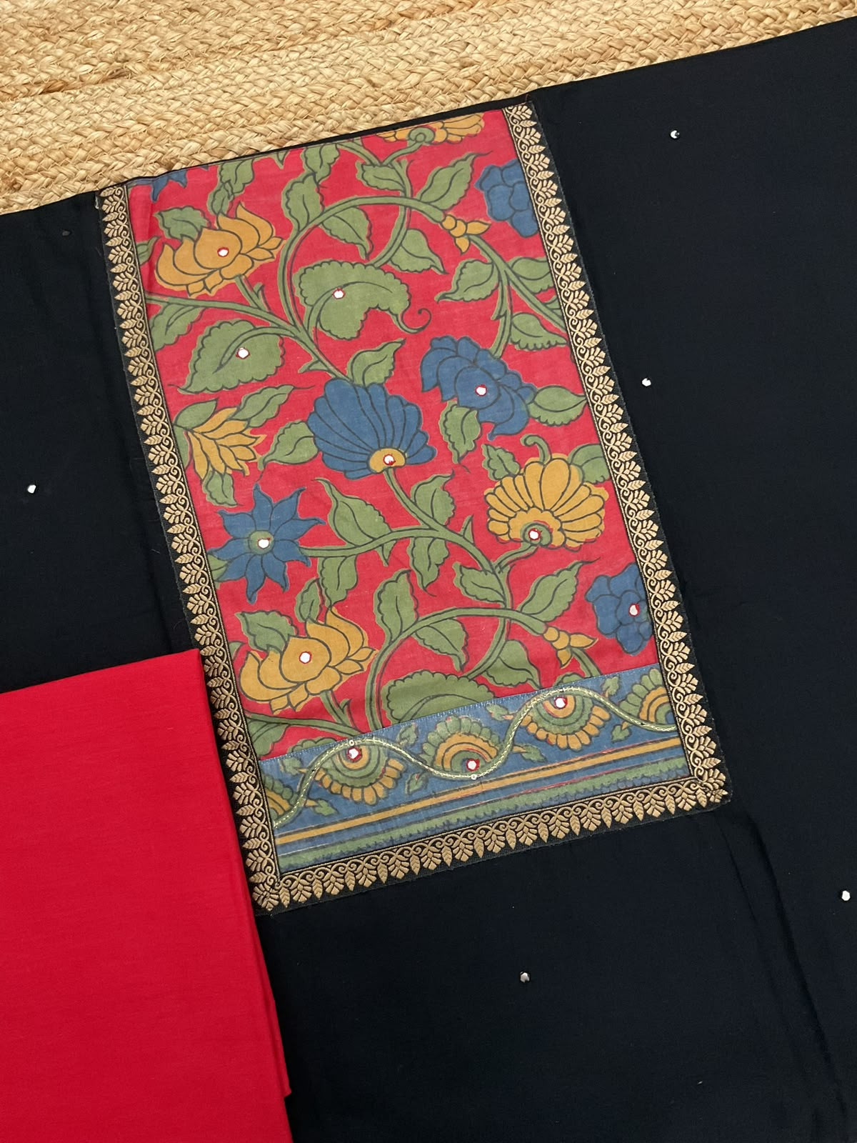 Pure Cotton Printed Embroidered Suit - Black