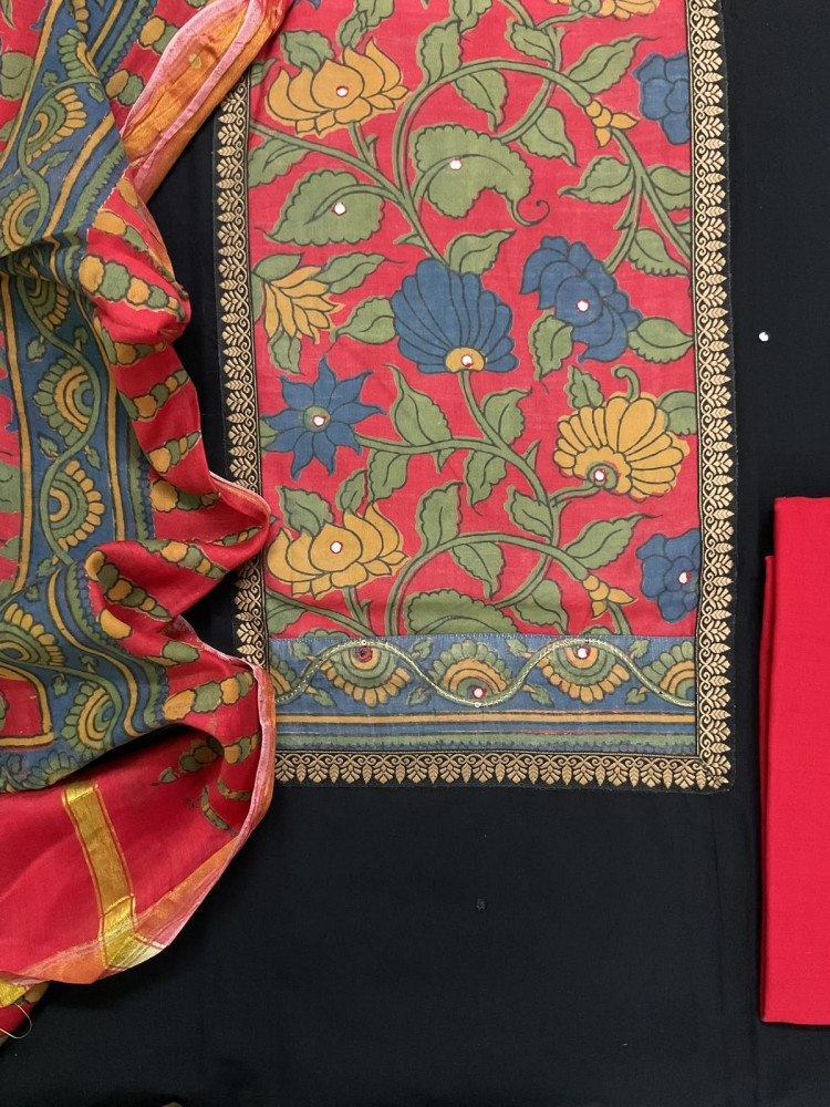 Image of Pure Cotton Printed Embroidered Suit - Black