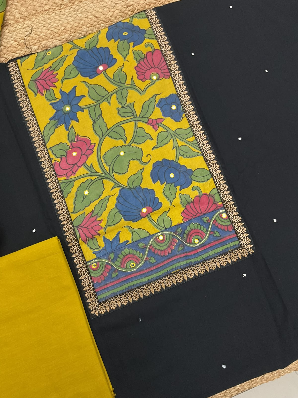 Pure Cotton Printed Embroidered Suit - Black
