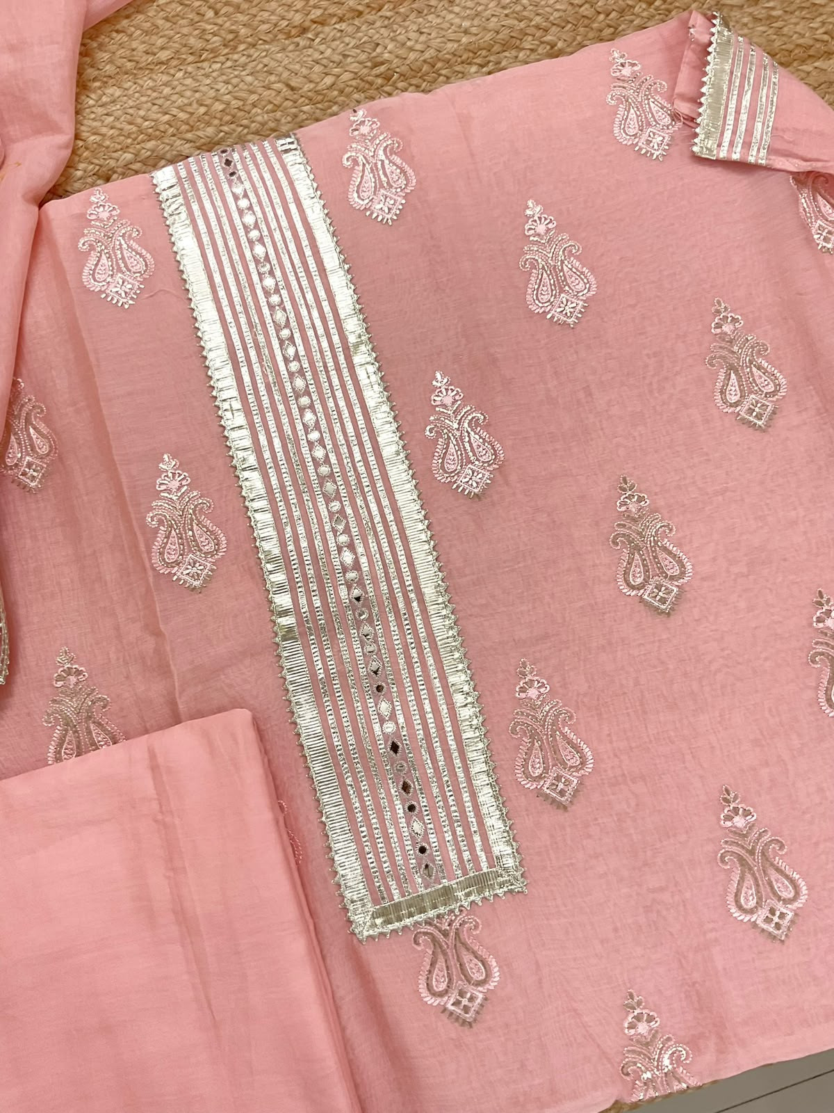 Pure Mul Chanderi Embroidered Suit - Pink