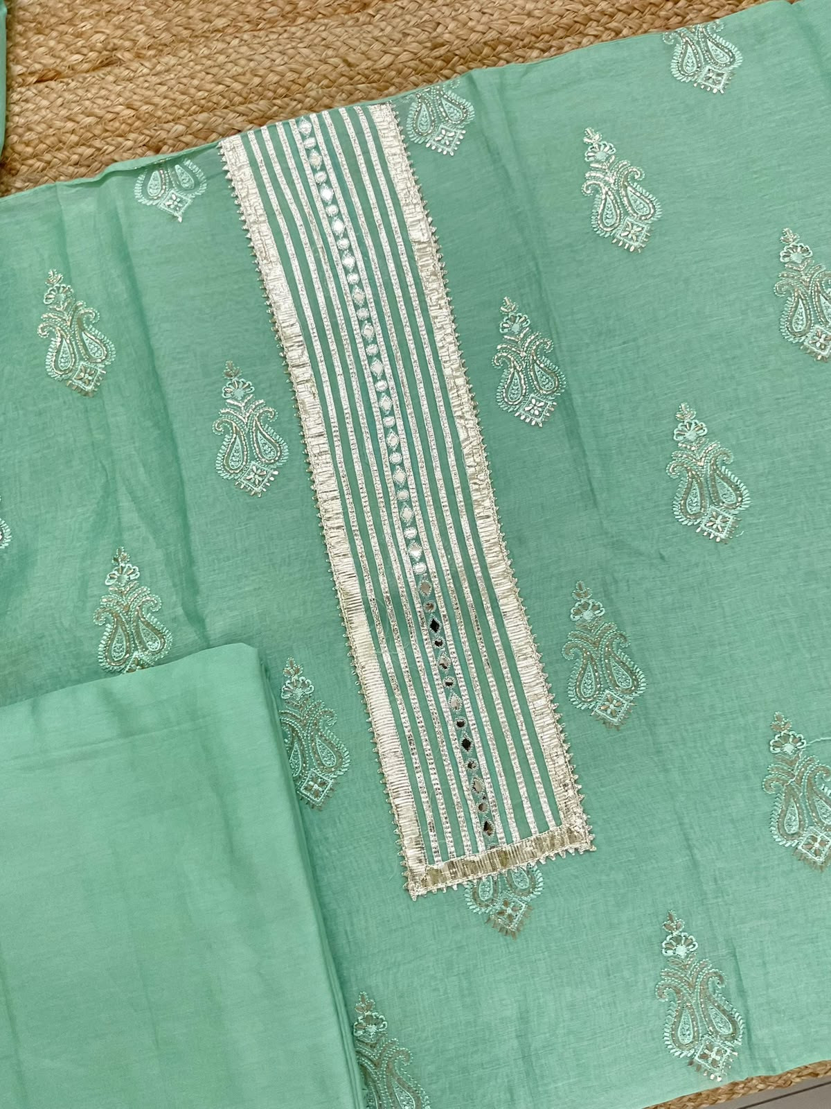 Pure Mul Chanderi Embroidered Suit - Sea Green