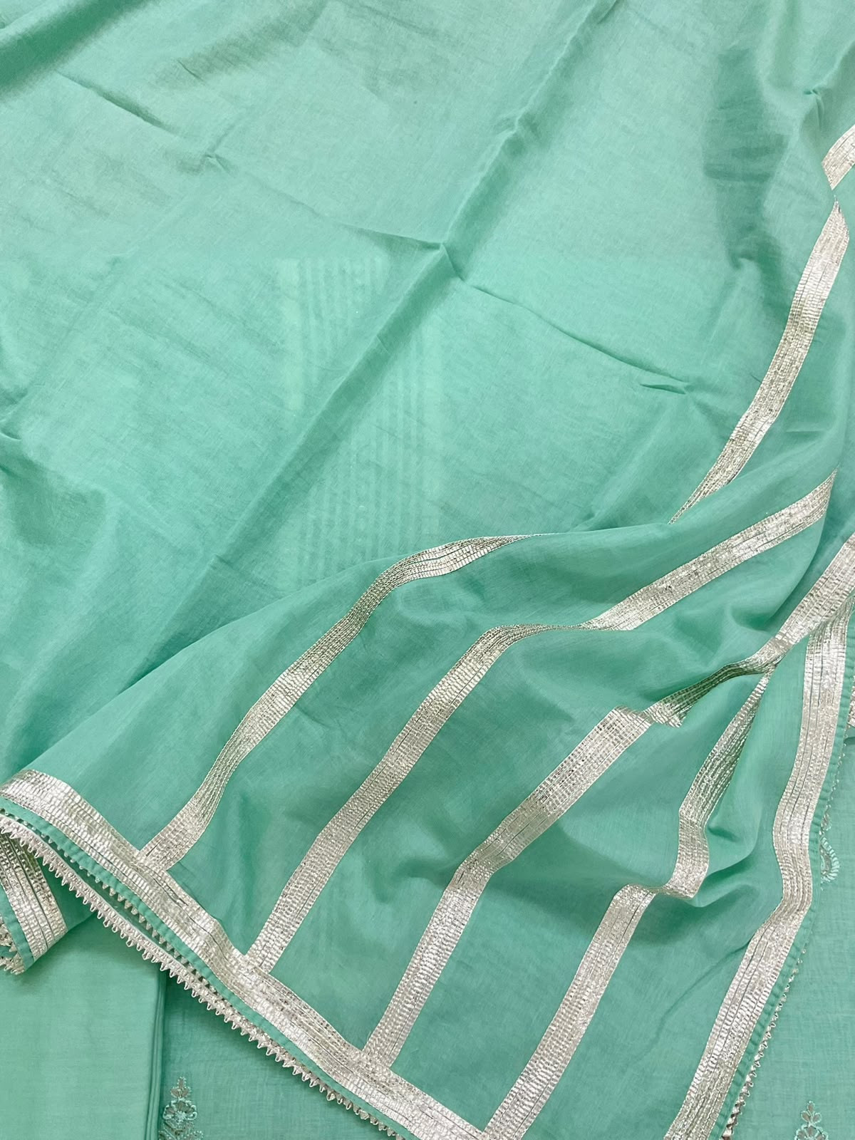Pure Mul Chanderi Embroidered Suit - Sea Green