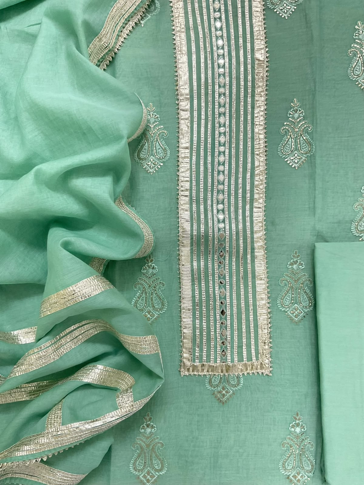 Pure Mul Chanderi Embroidered Suit - Sea Green