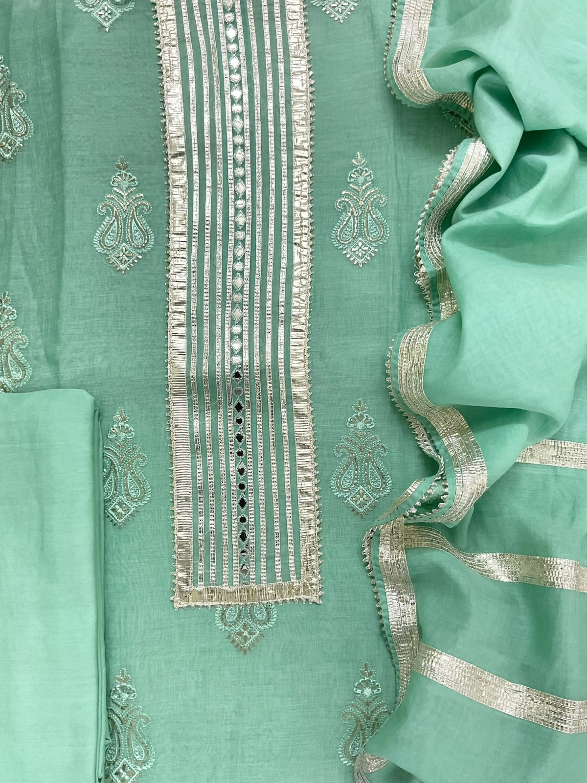 Pure Mul Chanderi Embroidered Suit - Sea Green