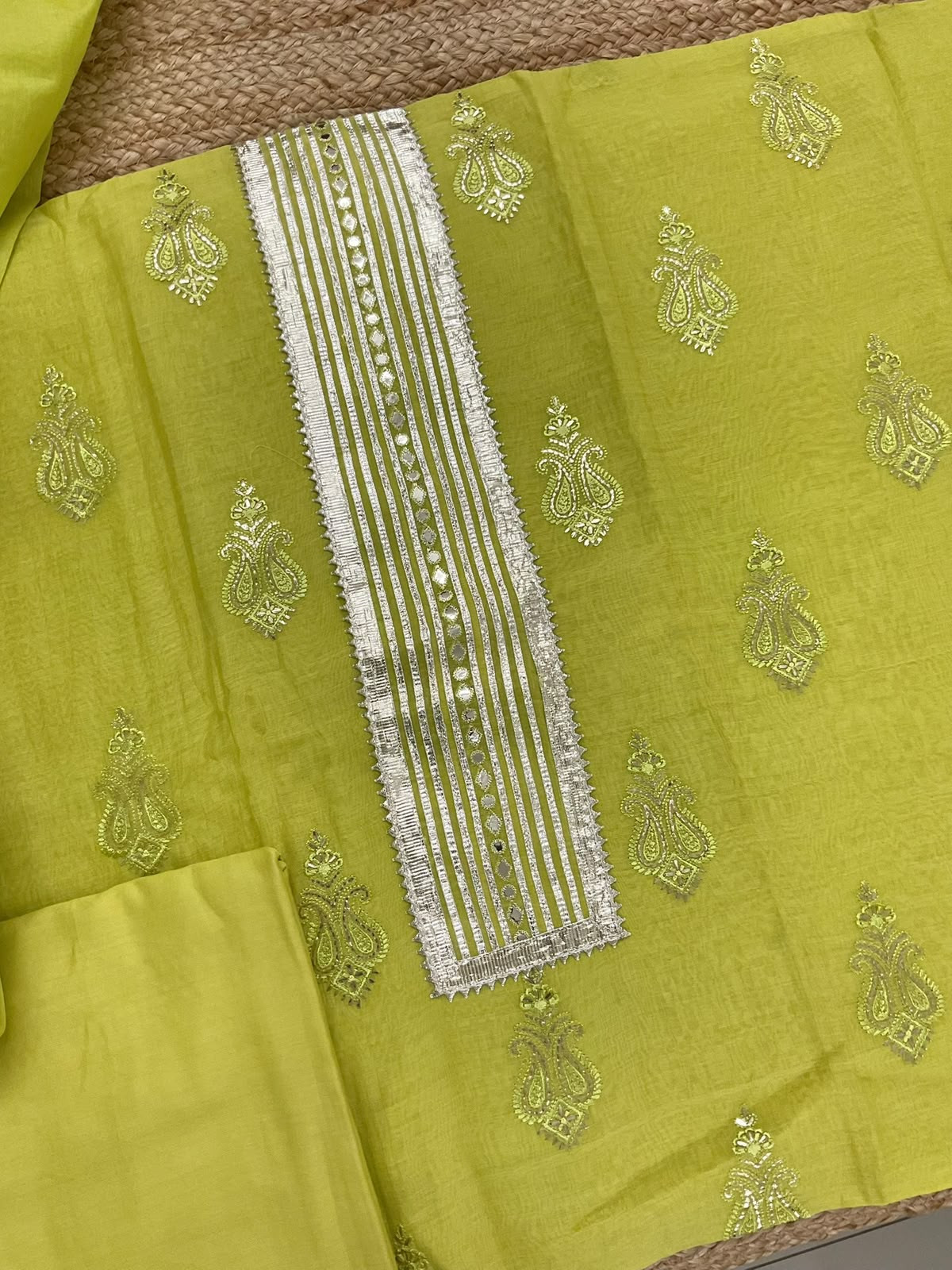 Pure Mul Chanderi Embroidered Suit - Lime