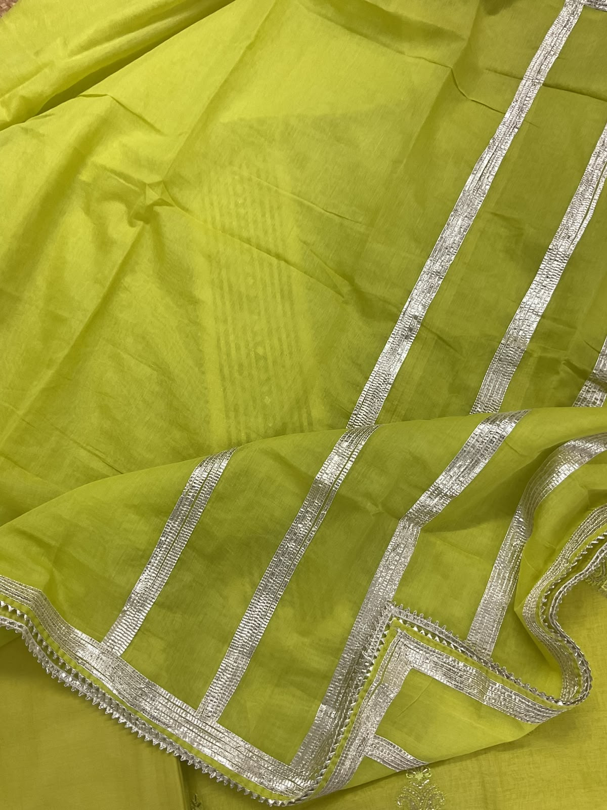 Pure Mul Chanderi Embroidered Suit - Lime