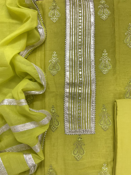 Image of Pure Mul Chanderi Embroidered Suit - Lime