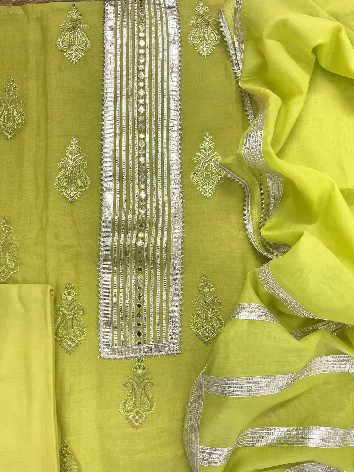 Pure Mul Chanderi Embroidered Suit - Lime