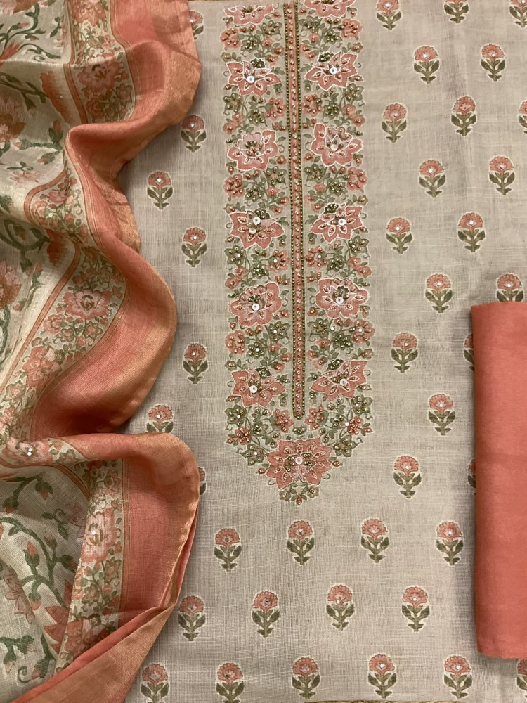 Image of Soft Tissue Slub Cotton Printed Embroidered Suit - Beige