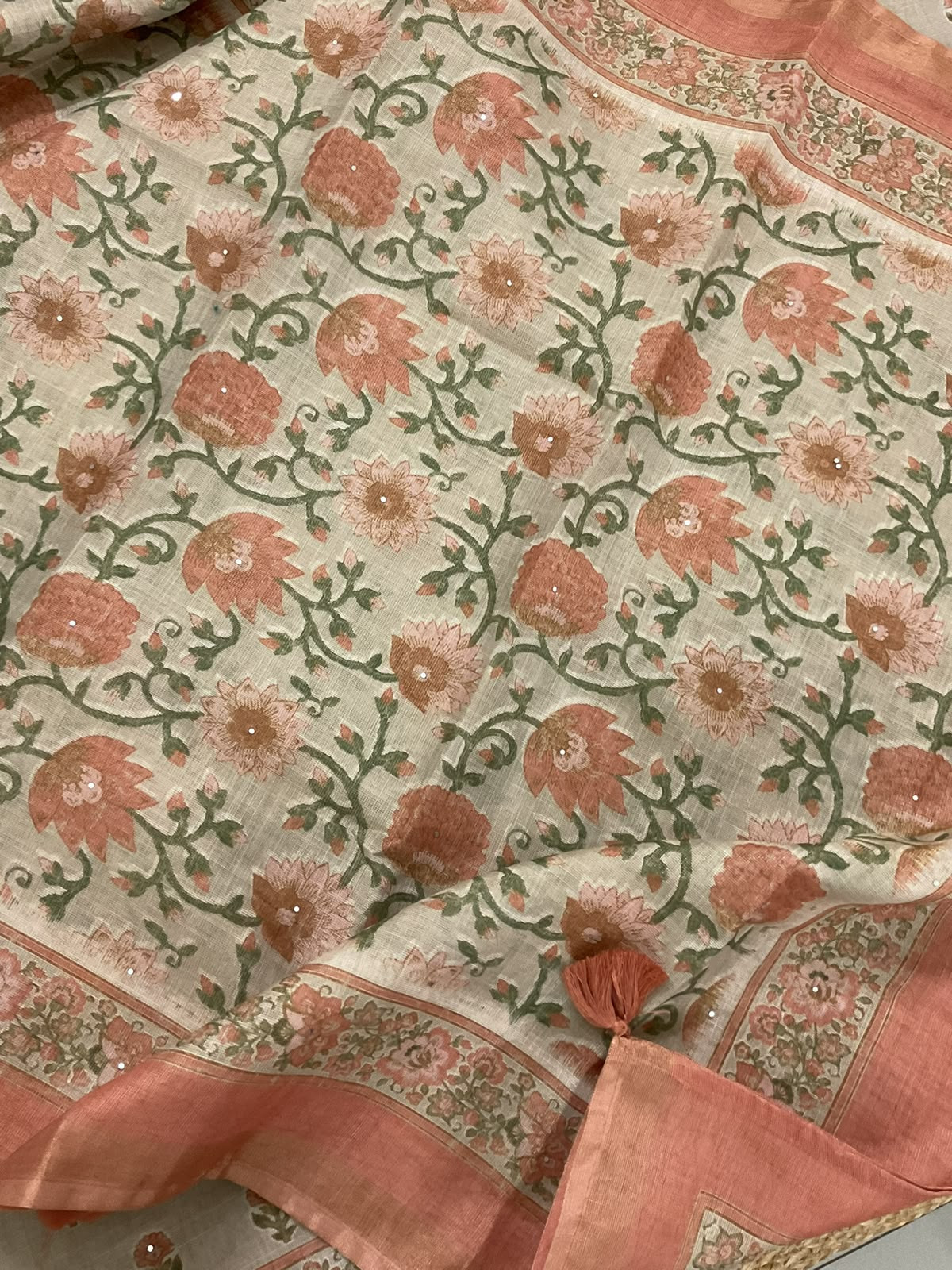Soft Tissue Slub Cotton Printed Embroidered Suit - Beige