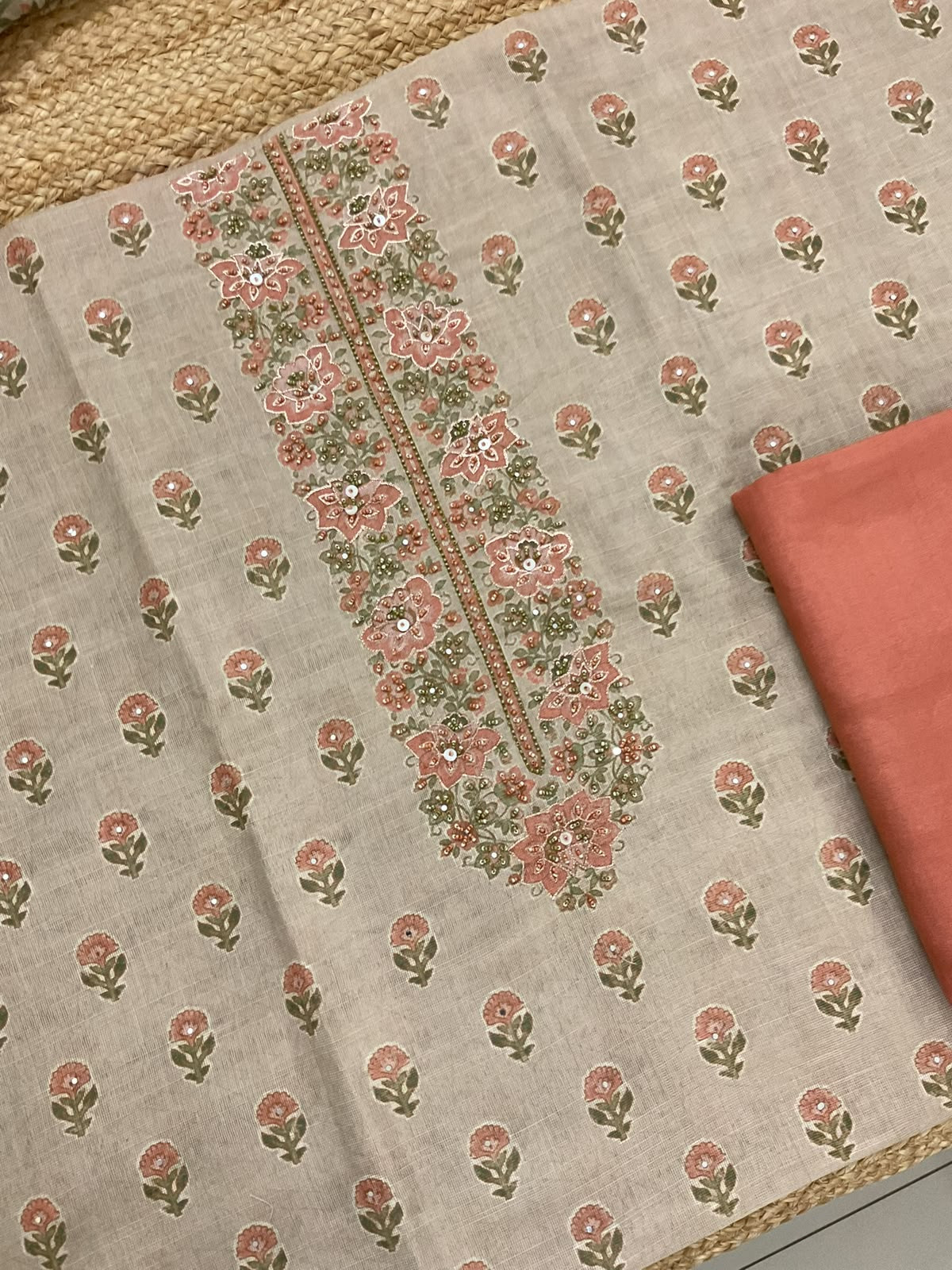 Soft Tissue Slub Cotton Printed Embroidered Suit - Beige
