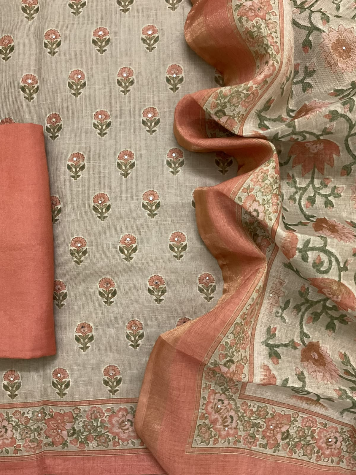 Soft Tissue Slub Cotton Printed Embroidered Suit - Beige