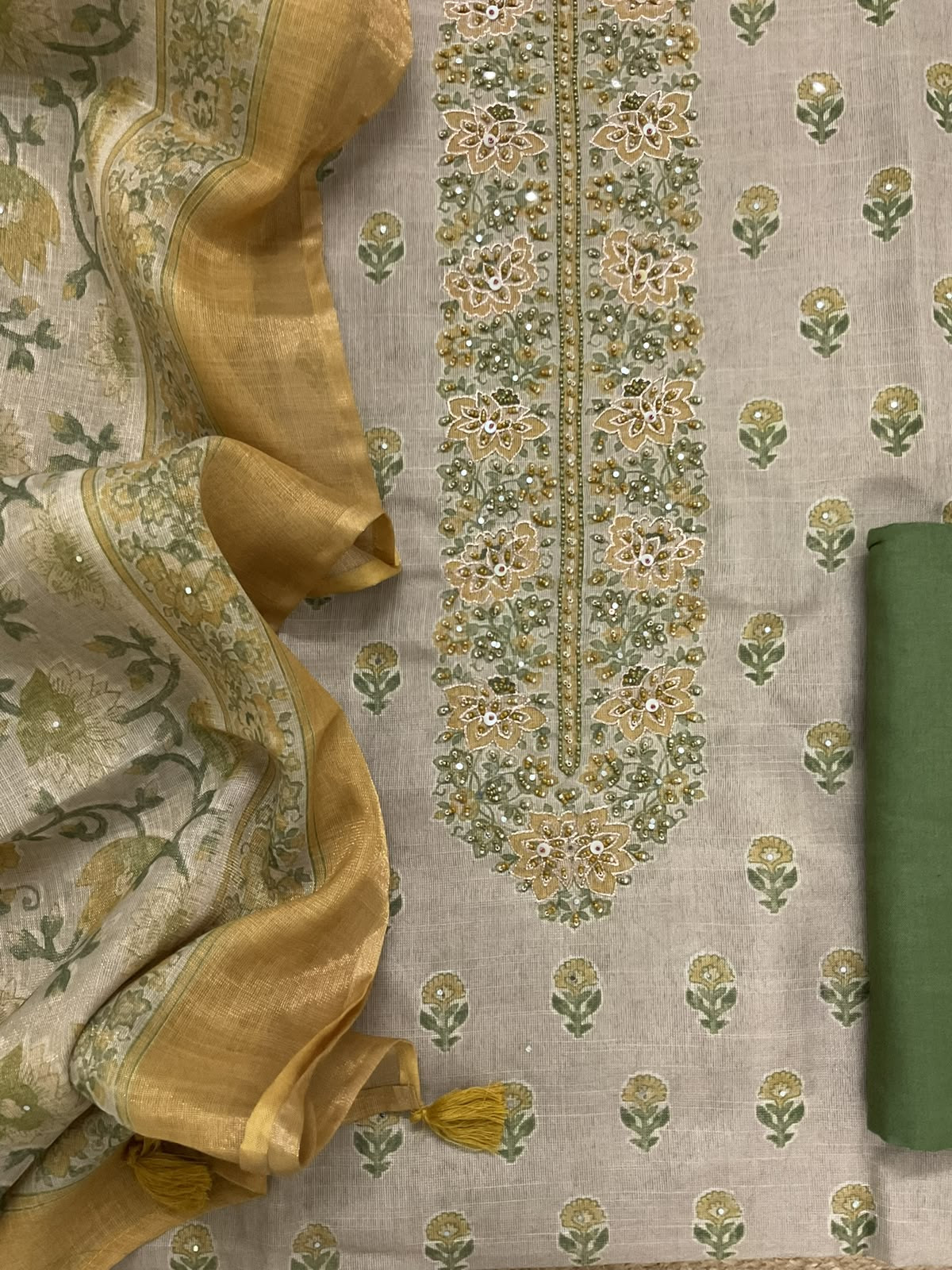 Soft Tissue Slub Cotton Printed Embroidered Suit - Beige