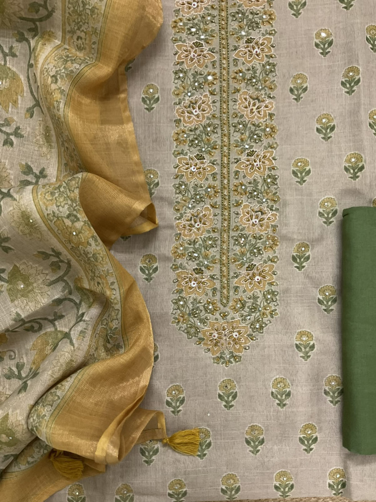 Image of Soft Tissue Slub Cotton Printed Embroidered Suit - Beige