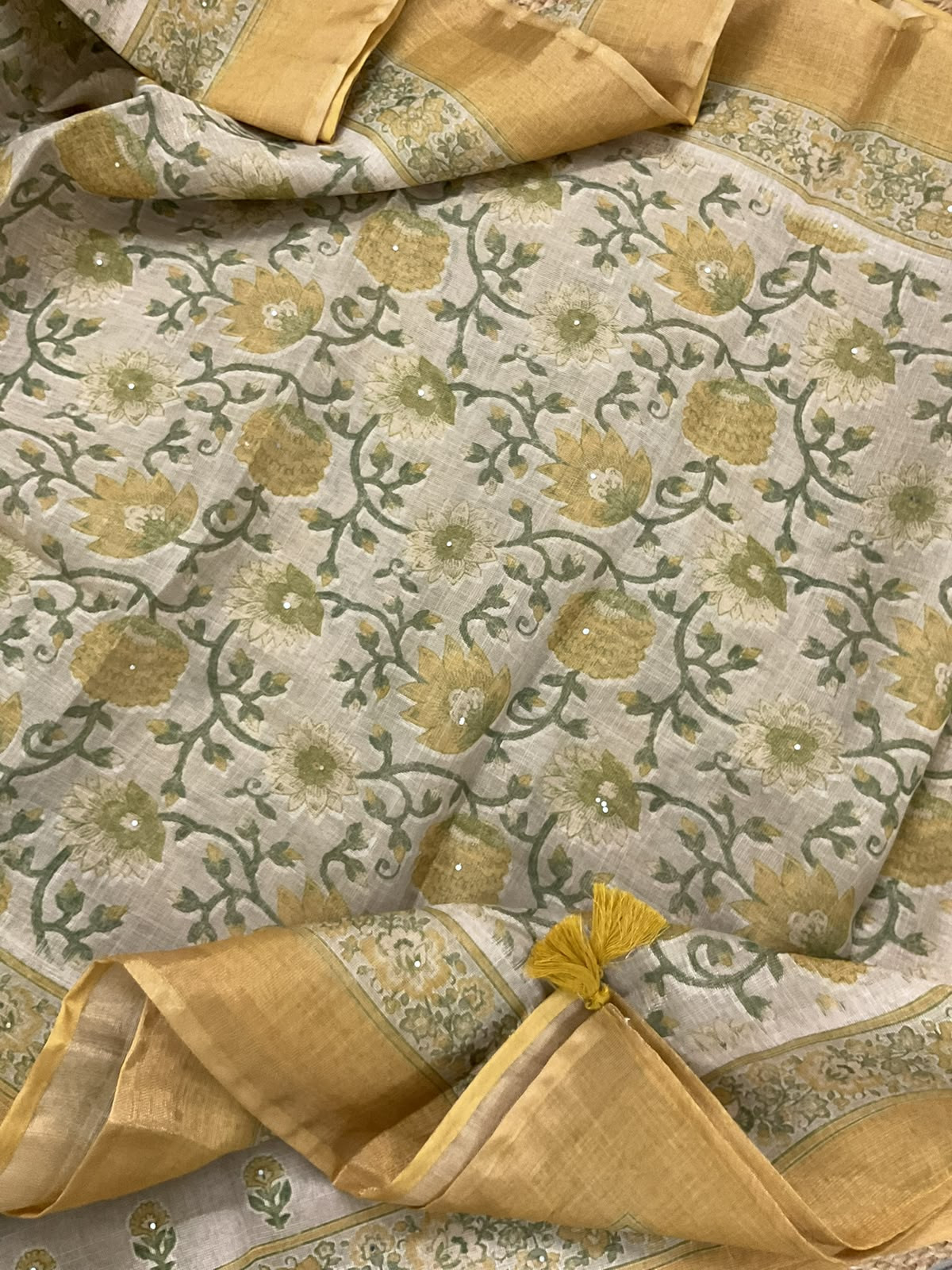 Soft Tissue Slub Cotton Printed Embroidered Suit - Beige