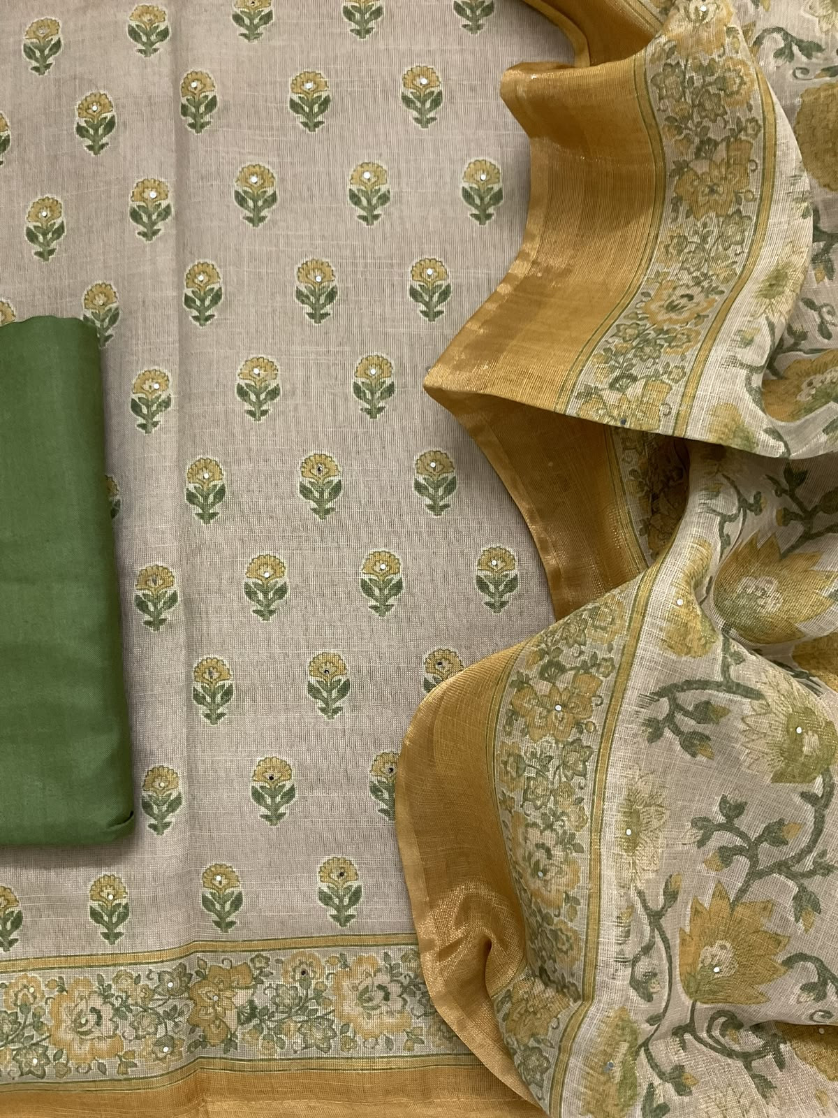 Soft Tissue Slub Cotton Printed Embroidered Suit - Beige