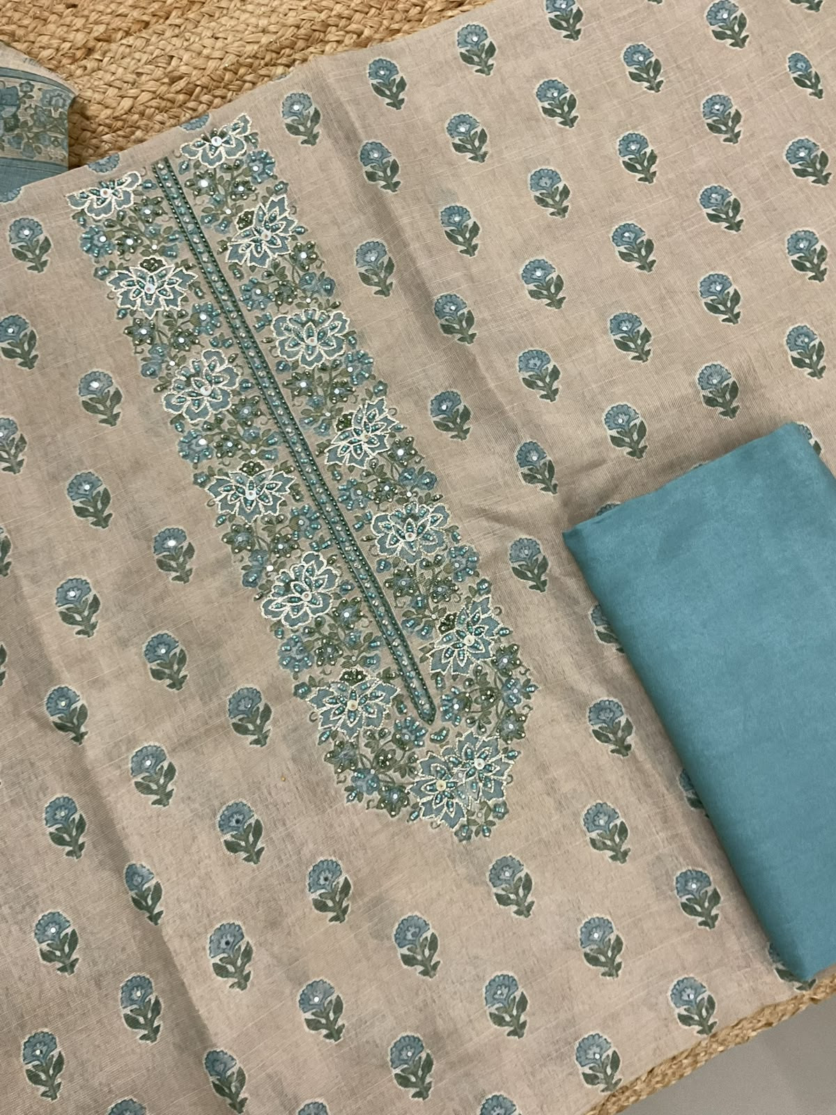 Soft Tissue Slub Cotton Printed Embroidered Suit - Beige