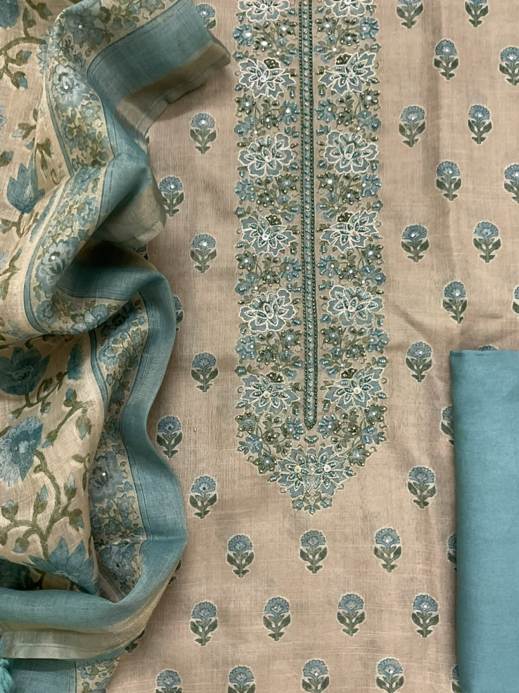 Image of Soft Tissue Slub Cotton Printed Embroidered Suit - Beige