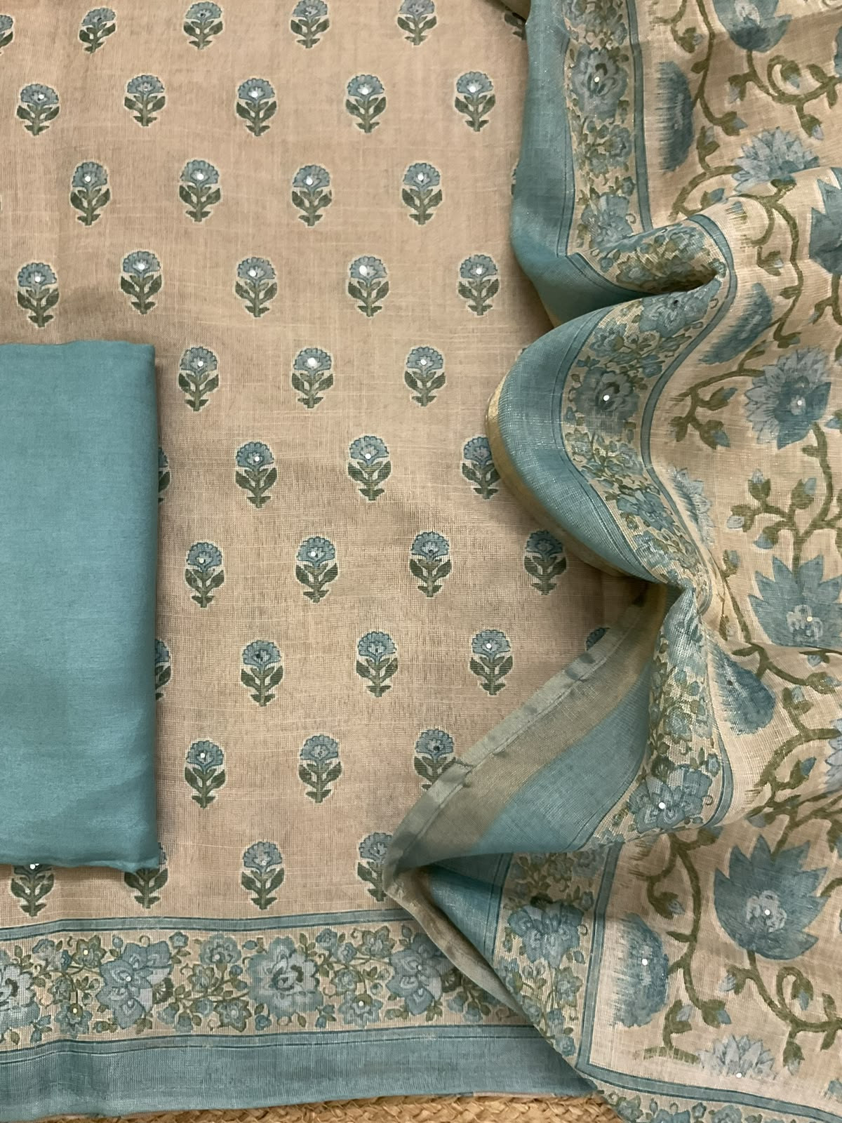 Soft Tissue Slub Cotton Printed Embroidered Suit - Beige