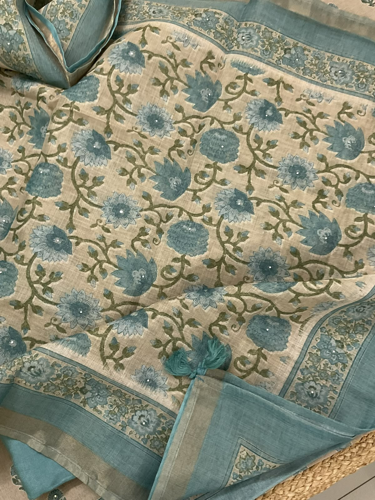 Soft Tissue Slub Cotton Printed Embroidered Suit - Beige