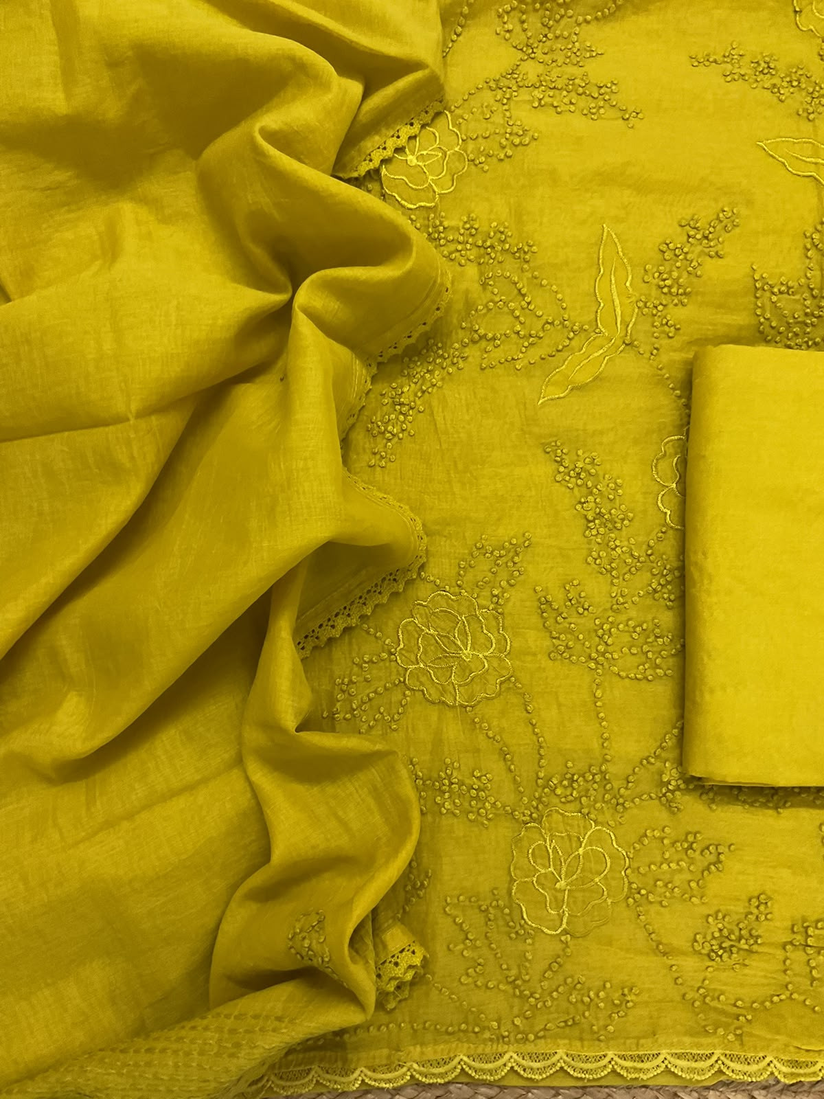 Pure Chanderi Embroidered Suit - Yellow