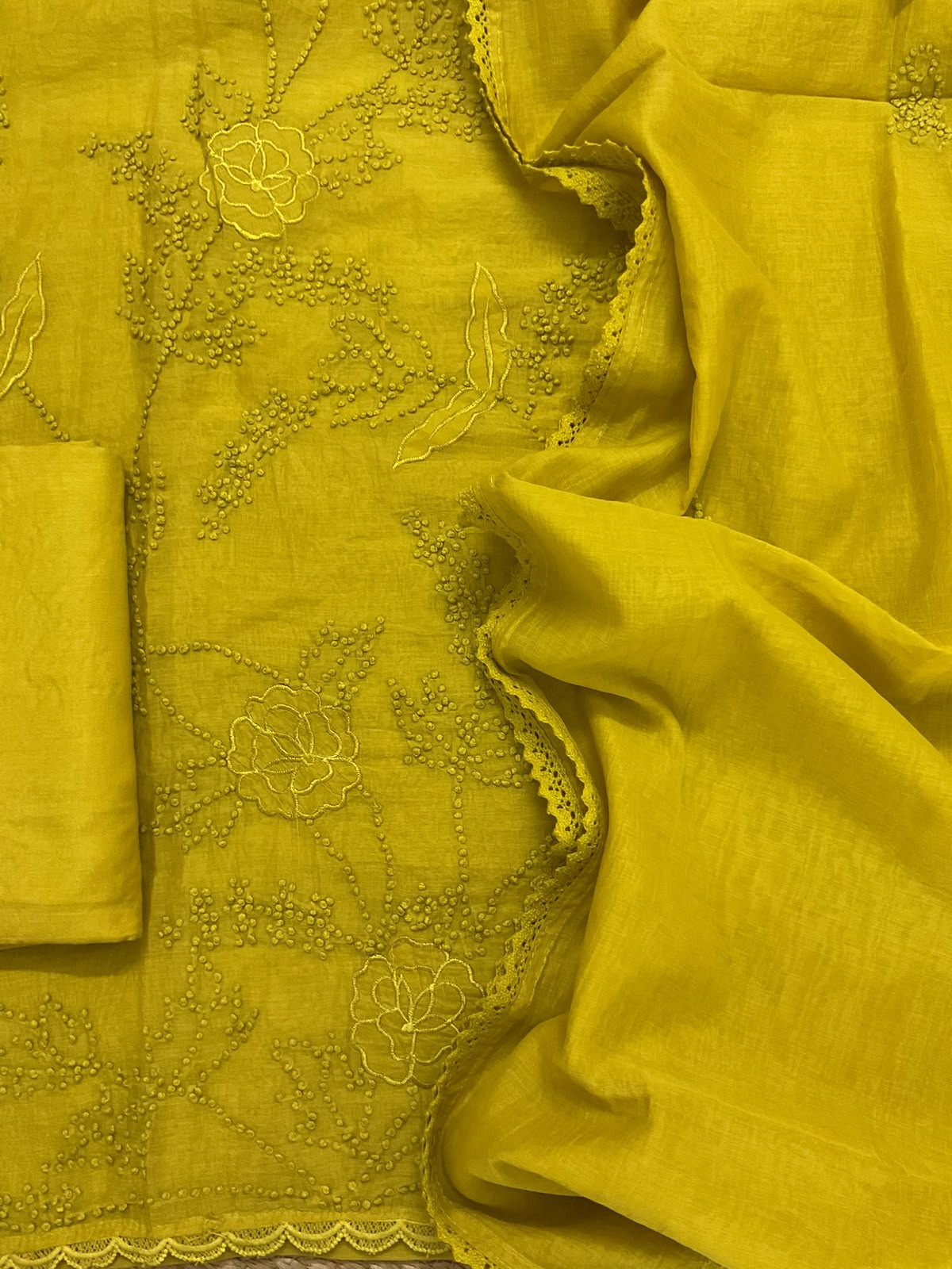 Pure Chanderi Embroidered Suit - Yellow