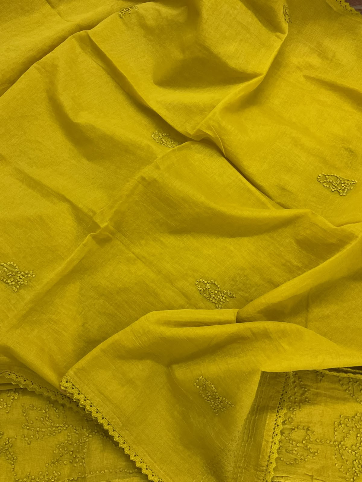 Pure Chanderi Embroidered Suit - Yellow