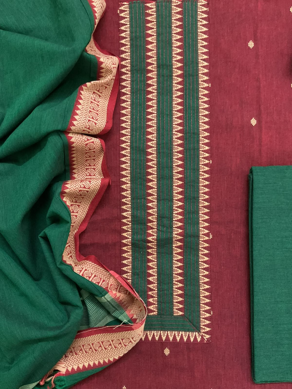 Pure Handloom Cotton Self Weaved Embroidered Suit - Dark Red