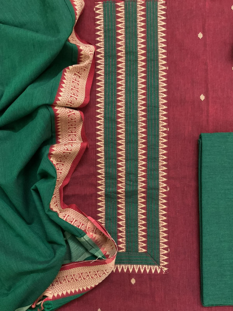 Image of Pure Handloom Cotton Self Weaved Embroidered Suit - Dark Red