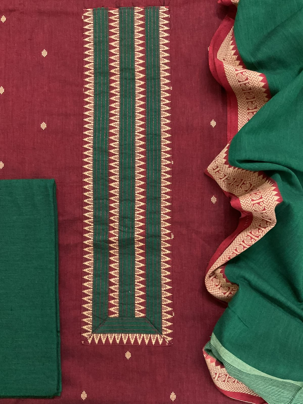 Pure Handloom Cotton Self Weaved Embroidered Suit - Dark Red