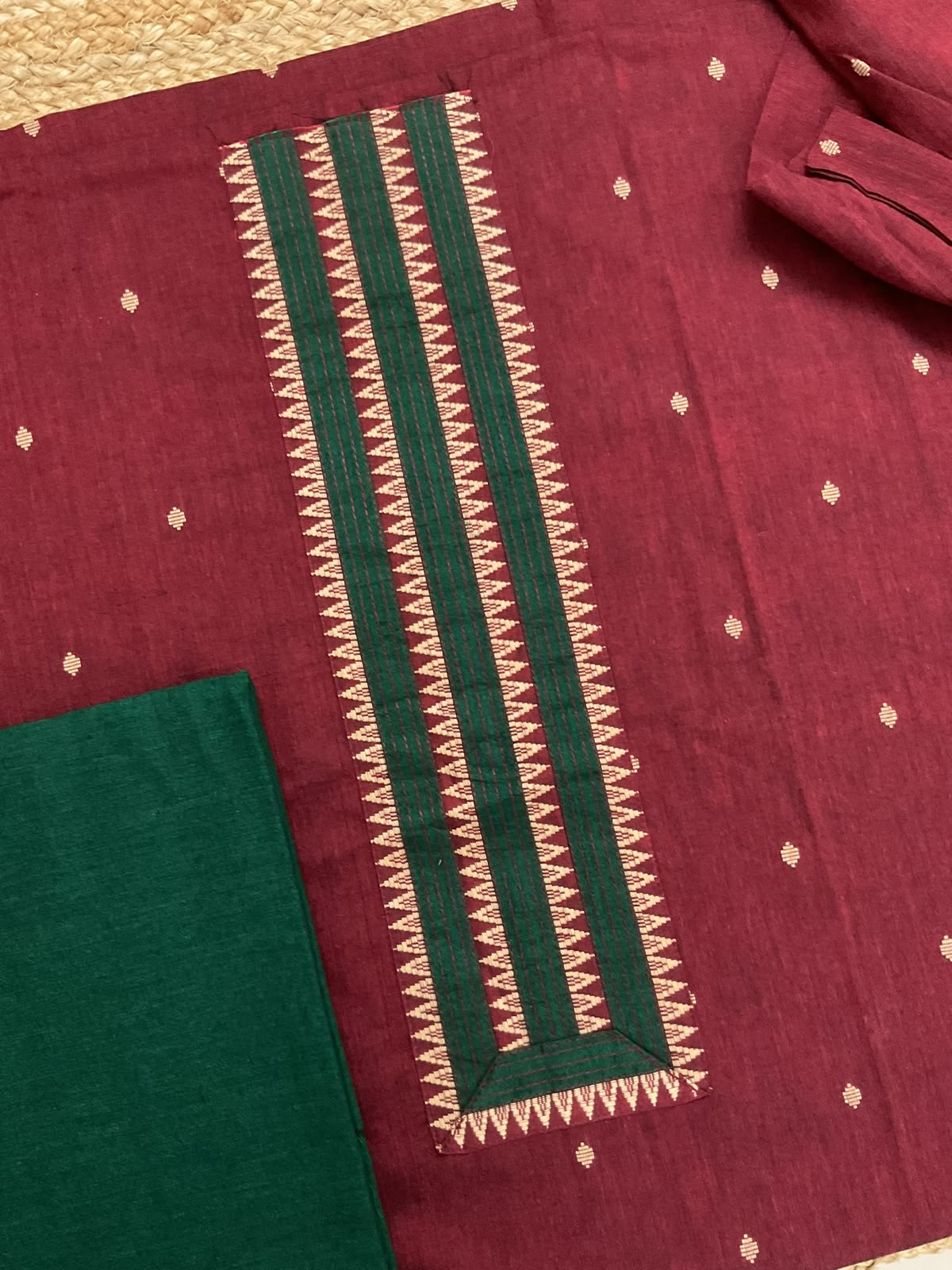 Pure Handloom Cotton Self Weaved Embroidered Suit - Dark Red