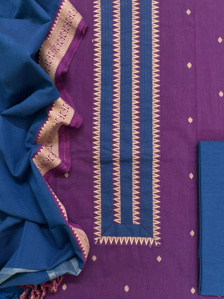 Image of Pure Handloom Cotton Self Weaved Embroidered Suit - Purple