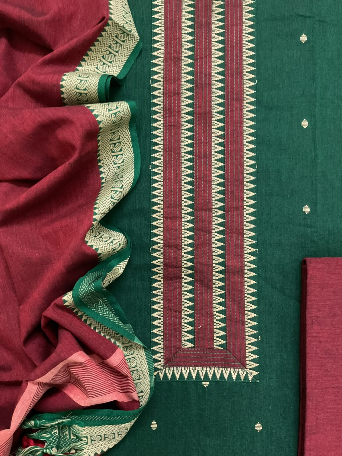 Pure Handloom Cotton Self Weaved Embroidered Suit - Green