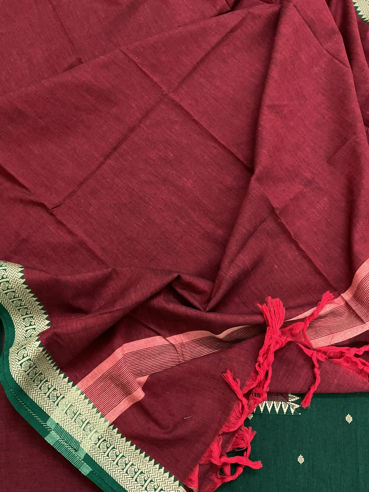 Pure Handloom Cotton Self Weaved Embroidered Suit - Green