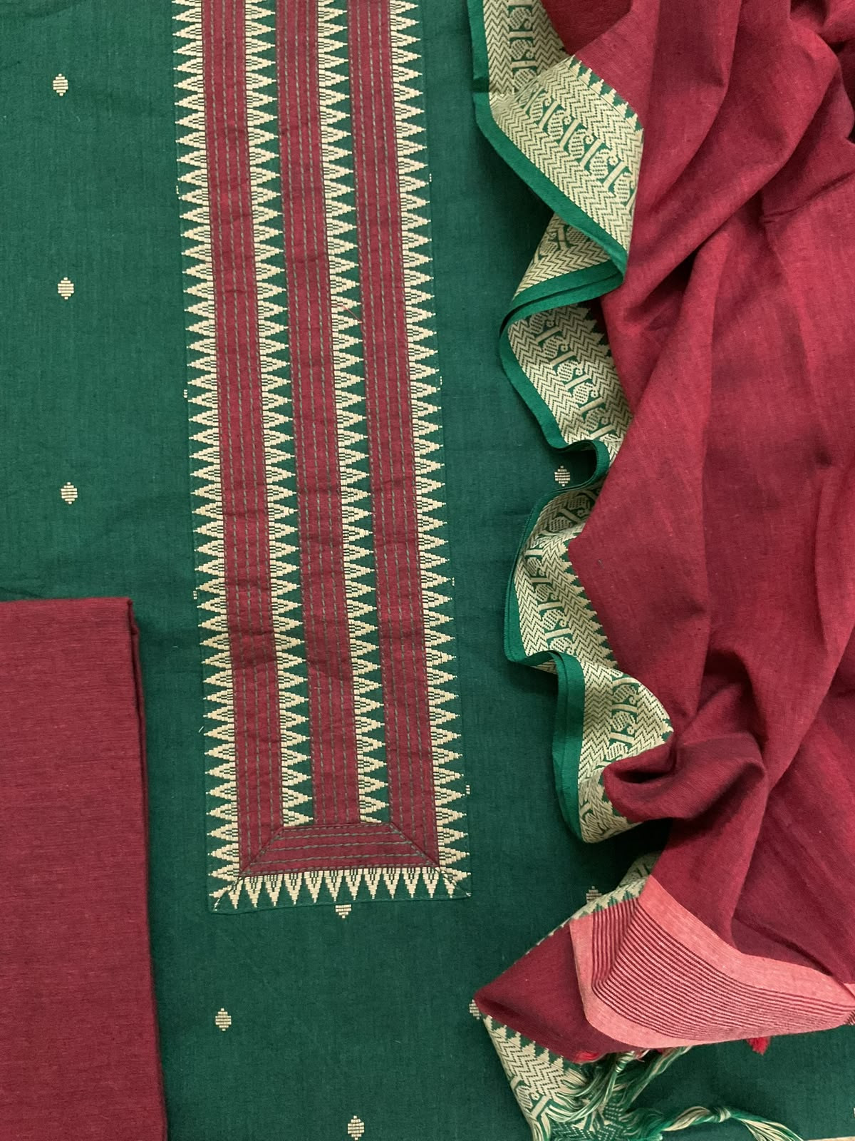 Pure Handloom Cotton Self Weaved Embroidered Suit - Green
