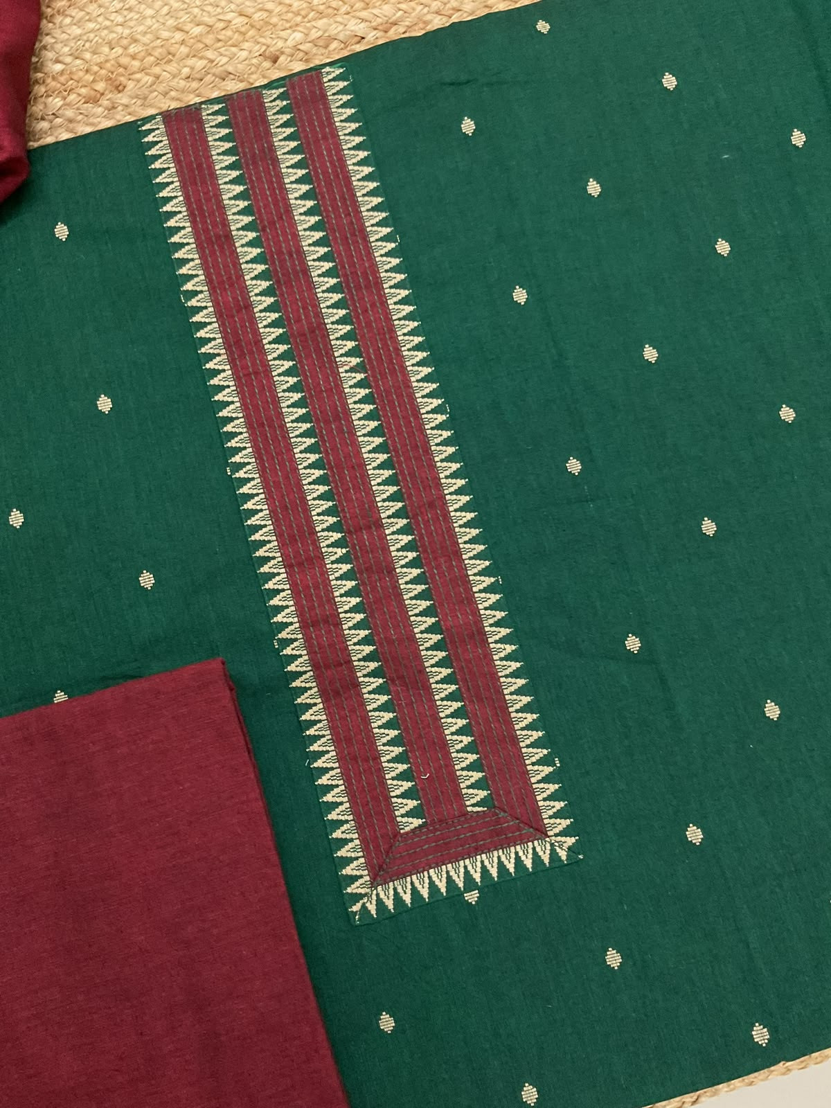 Pure Handloom Cotton Self Weaved Embroidered Suit - Green
