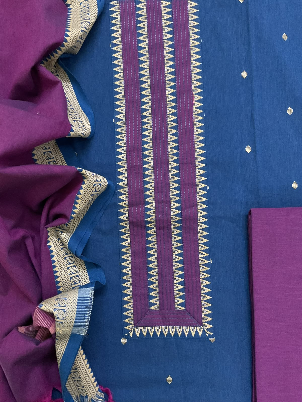 Pure Handloom Cotton Self Weaved Embroidered Suit - Blue