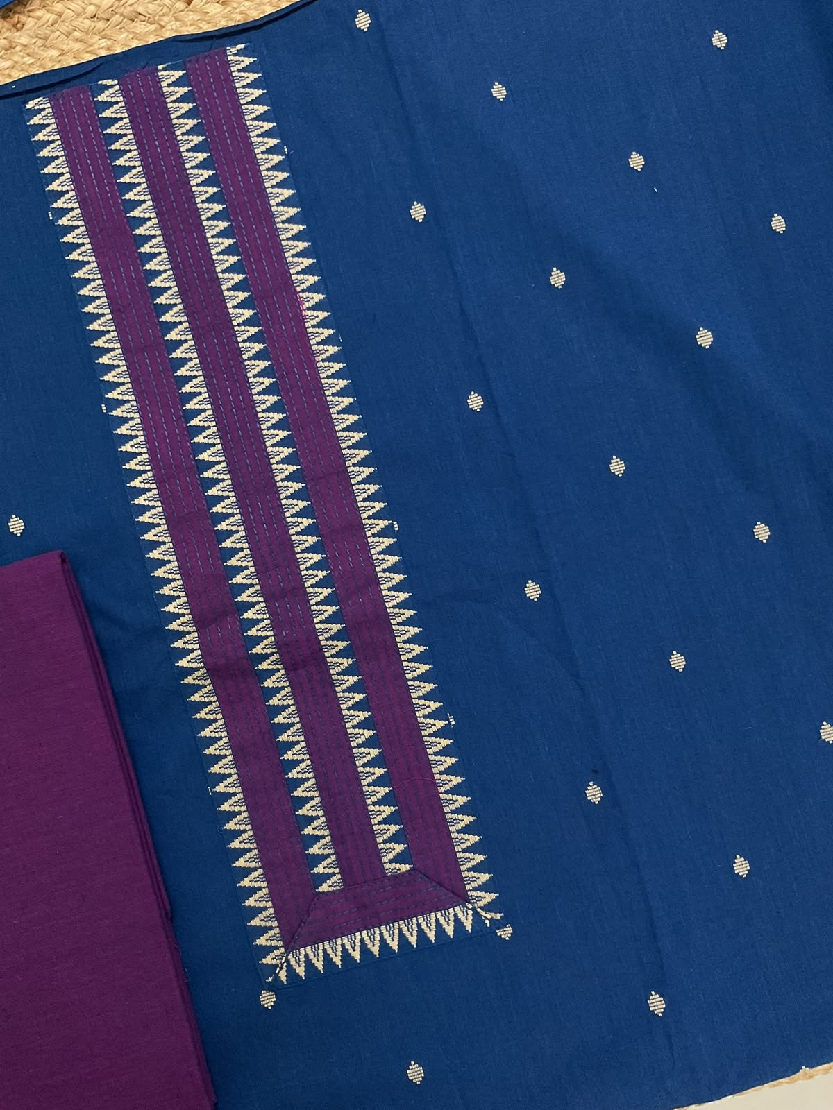 Pure Handloom Cotton Self Weaved Embroidered Suit - Blue