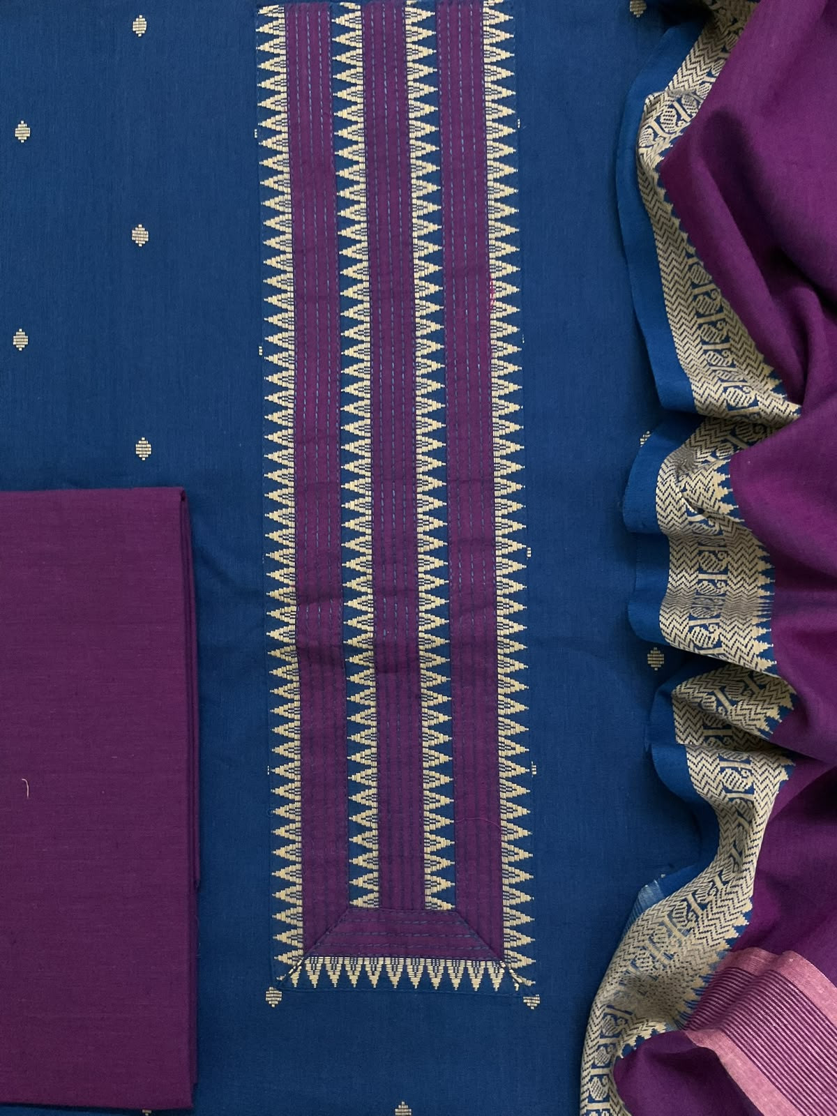 Pure Handloom Cotton Self Weaved Embroidered Suit - Blue