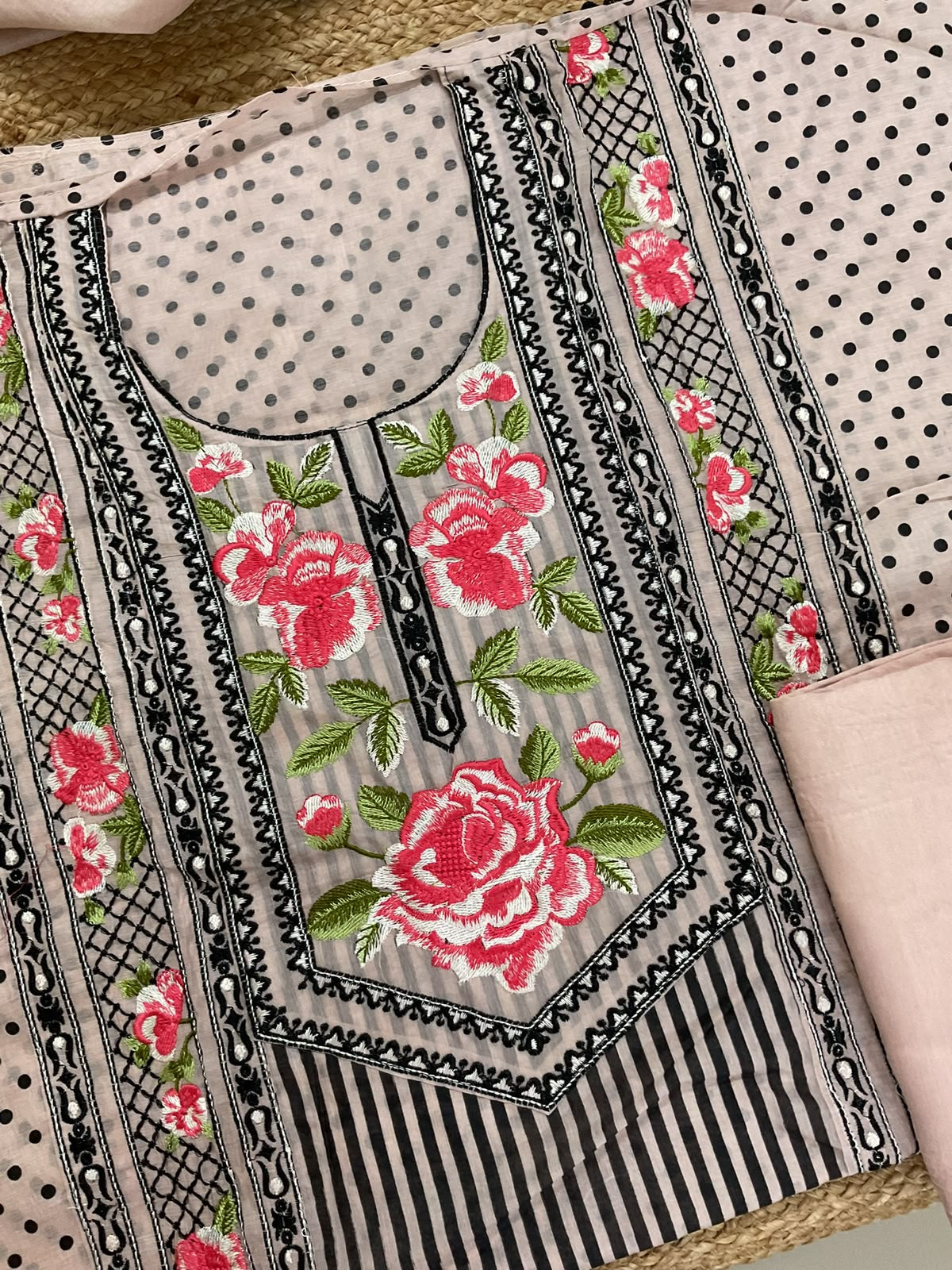 Soft Chanderi Printed Embroidered Suit - Peach