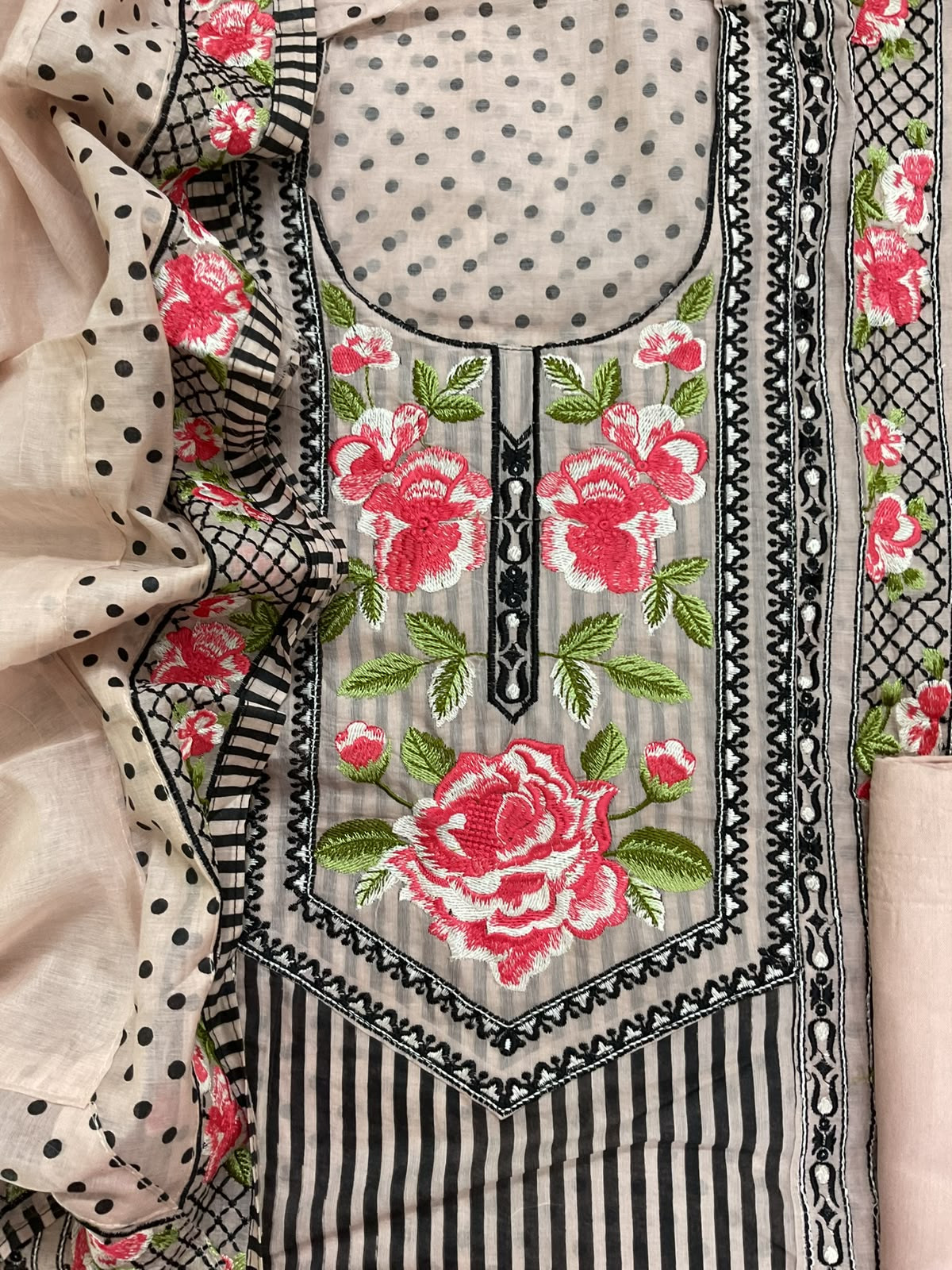 Soft Chanderi Printed Embroidered Suit - Peach