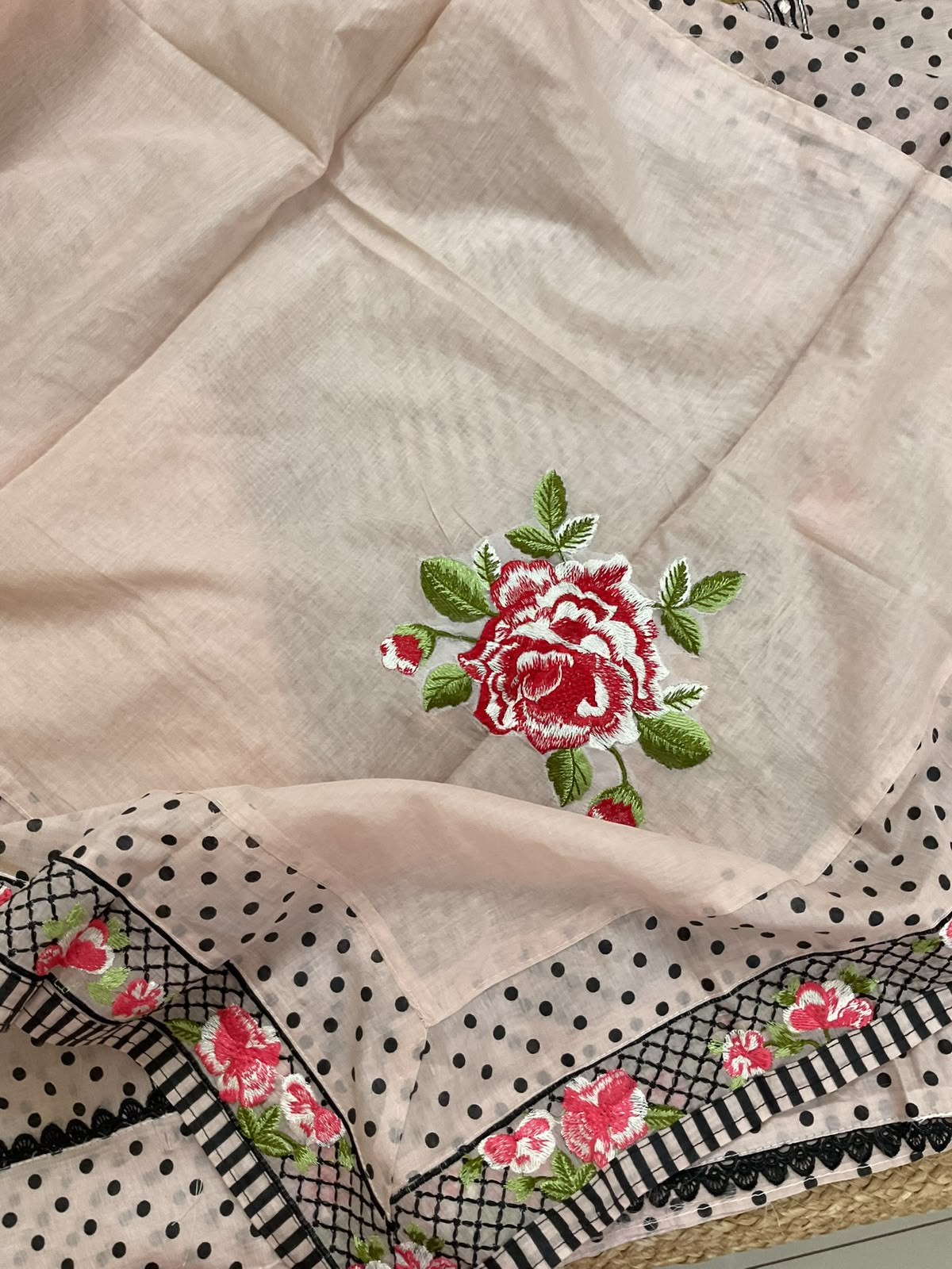 Soft Chanderi Printed Embroidered Suit - Peach