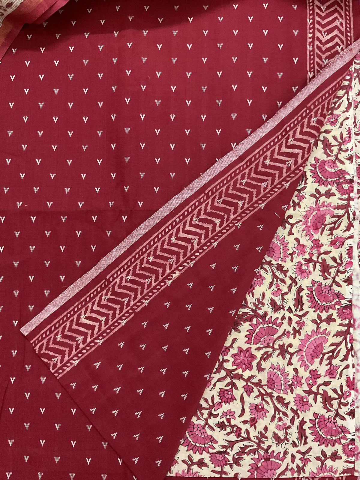 Pure Handloom Cotton Self Weaved Printed Suit - Maroon