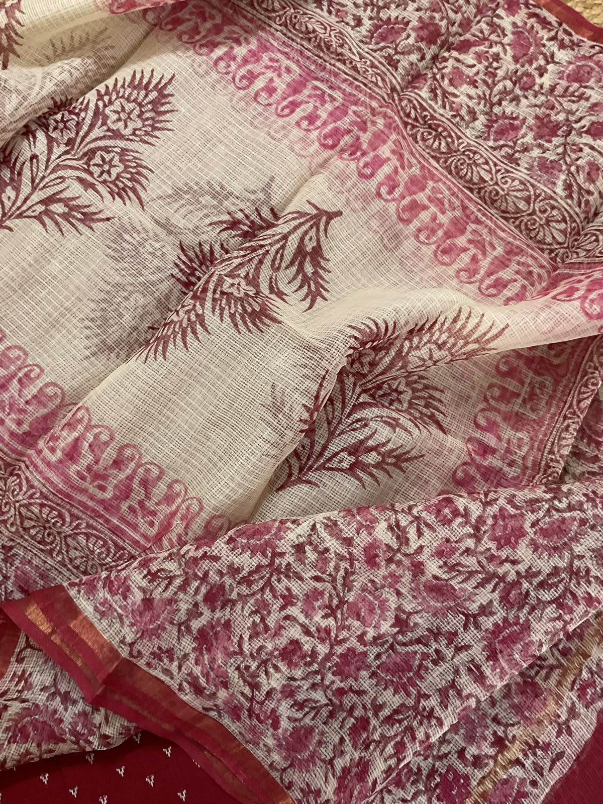 Pure Handloom Cotton Self Weaved Printed Suit - Maroon